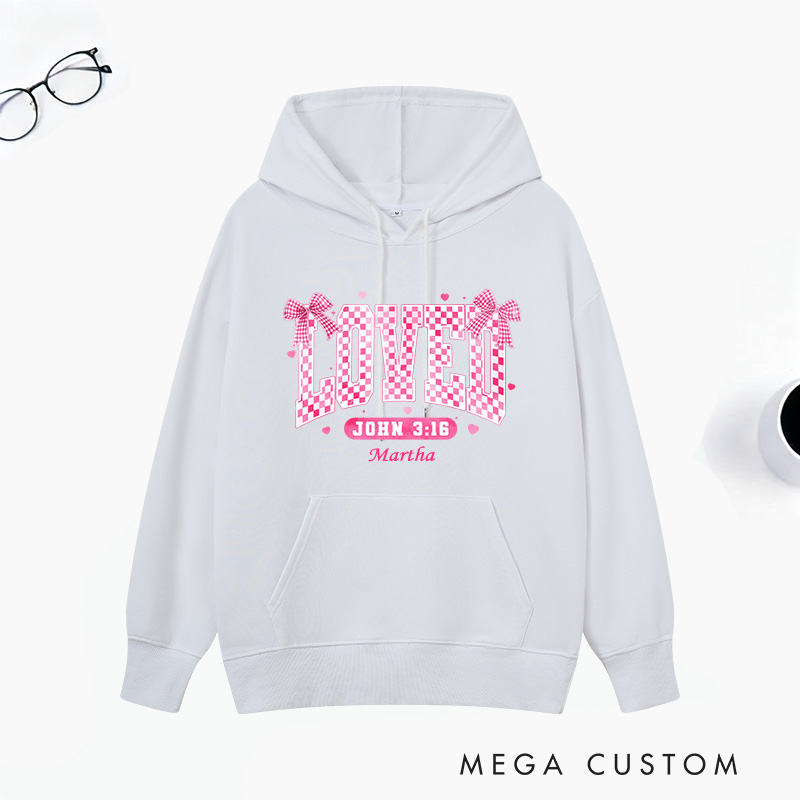 Personalized Checkered Loved John 3:16 Bible Verse Classic Hoodies with Name Retro Hoodies Religious Gift Valentines Day Gift for Couple