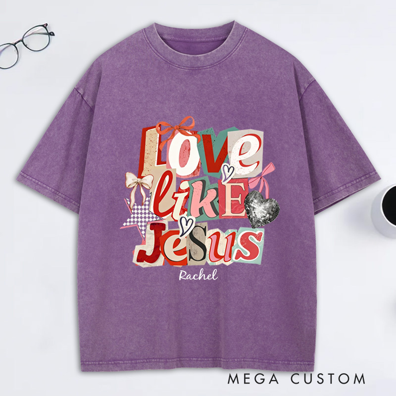 Personalized Love Like Jesus Vintage Washed T-Shirt with Custom Name Preppy Valentine’s Day Checkered Tee Coquette Jesus Shirt Valentine’s Day Gift