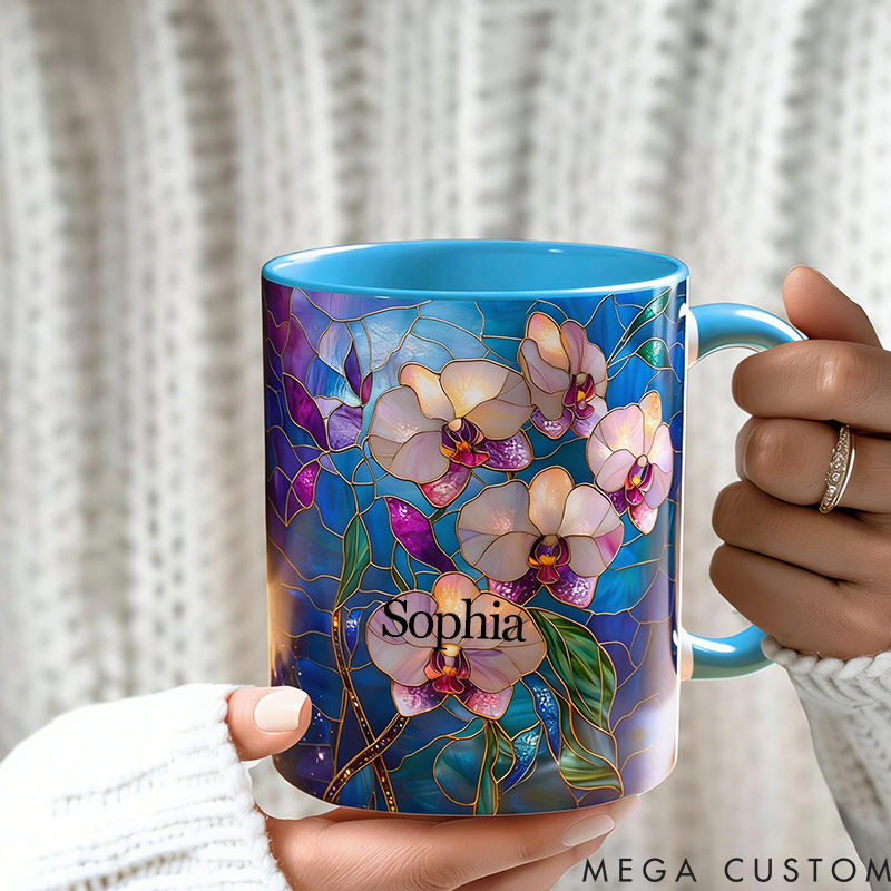 Personalized Stained Glass Print Orchid Mug Floral Art Mug Custom Name for Gardening Lovers