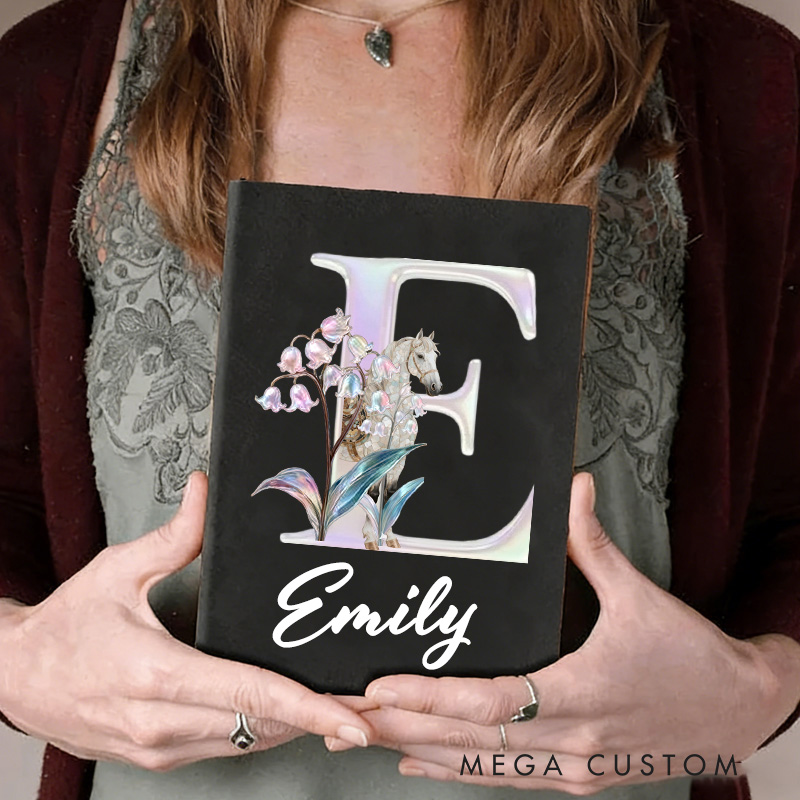 Personalized Horse Riding Birth Flower Initial A5 A6 PU Leather Notebook with Name Birthday Gift for Horse Lovers Riding Lovers Equestrian Lovers