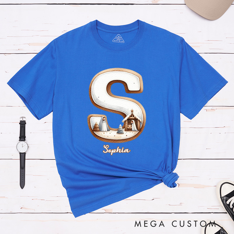 Personalized Nativity Scene Classic T-Shirt with Initial and Name Christian Shirt Religious Gift Faith Gift for Christians