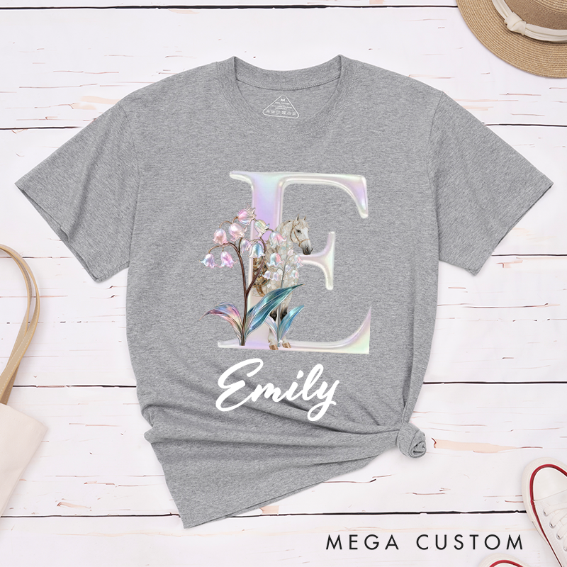Personalized Horse Riding Birth Flower Initial Name Classic T-shirt for Women for Girls for Horse Lovers Riding Lovers Equestrian Lovers