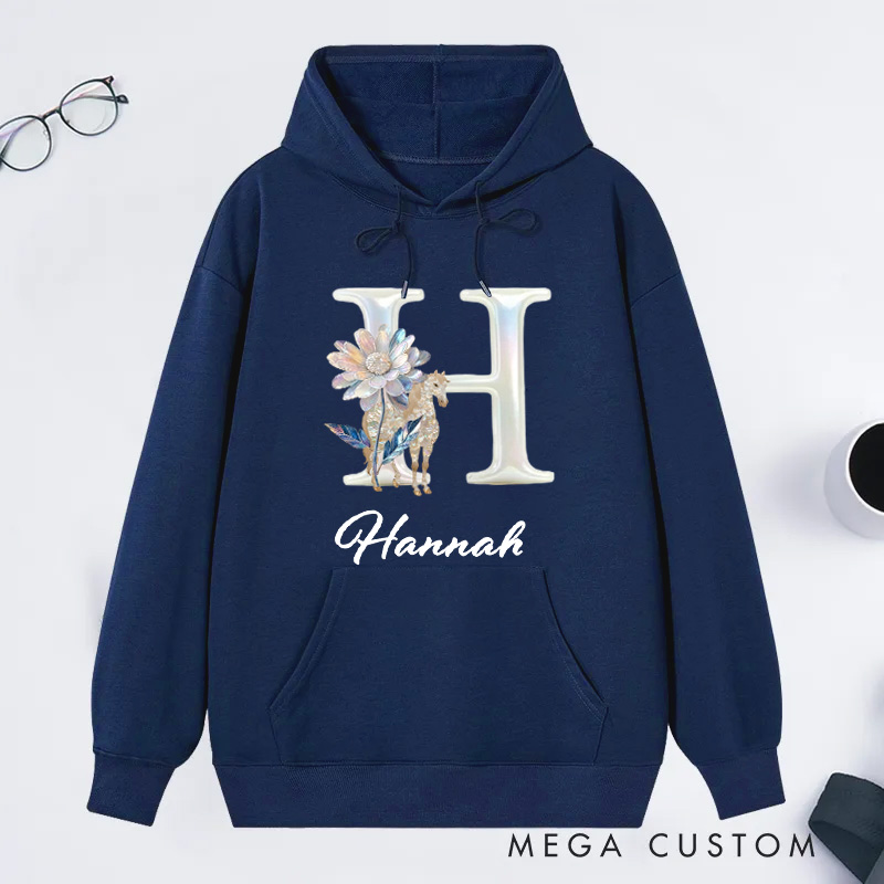 Personalized Horse Riding Birth Flower Initial Hoodie with Name Birthday Gift Sweatshirt for Horse Lovers Riding Lovers Equestrian Lovers