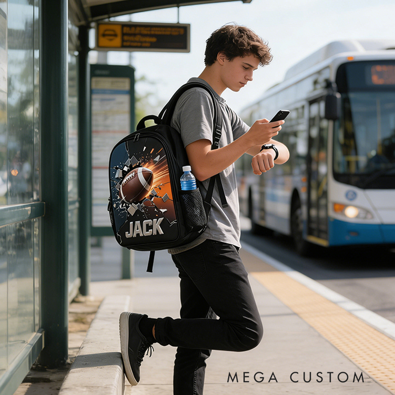 Personalized Football Backpack with Custom Name and Dynamic Design for Football Fans Black to School Gift