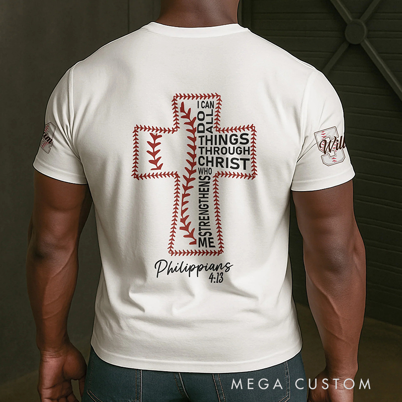 Personalized Baseball and Faith T-Shirt with Philippians 4:13 and Custom Name Christian Sports Gift Religious Gift for Baseball Lover