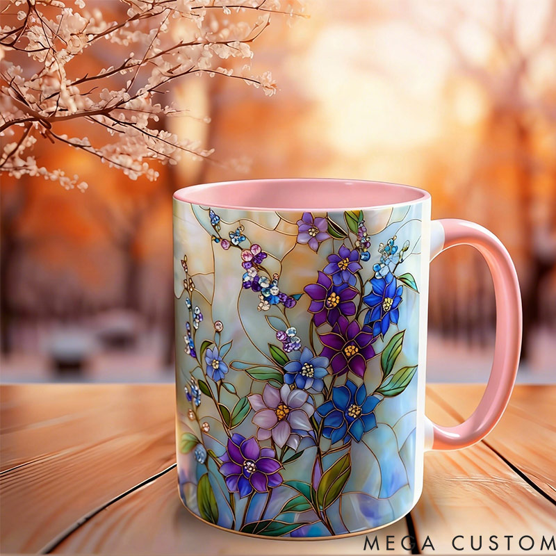 Personalized Stained Glass Blue Larkspur Mug Floral Art Mug Custom Name for Gardening Lovers