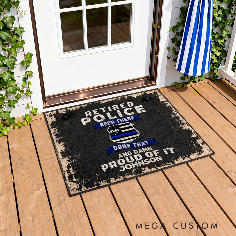 Personalized Retired Police Door Mat Custom Name Front Entrance Rug Gift for Police Officers and Law Enforcement Veterans