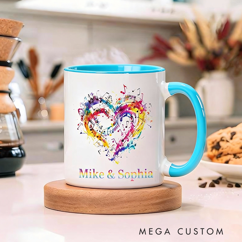 Personalized Name Music Heart Ceramic Mug Gift for Music Lovers and Couple Gift