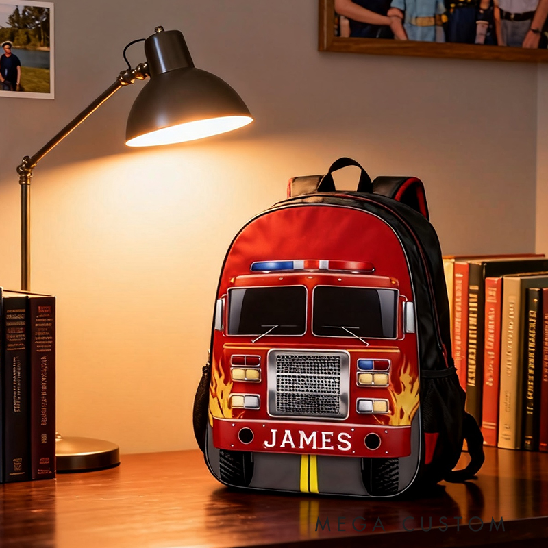 Personalized Fire Truck Backpack Custom Name School Bag Gift for Firefighter Lovers