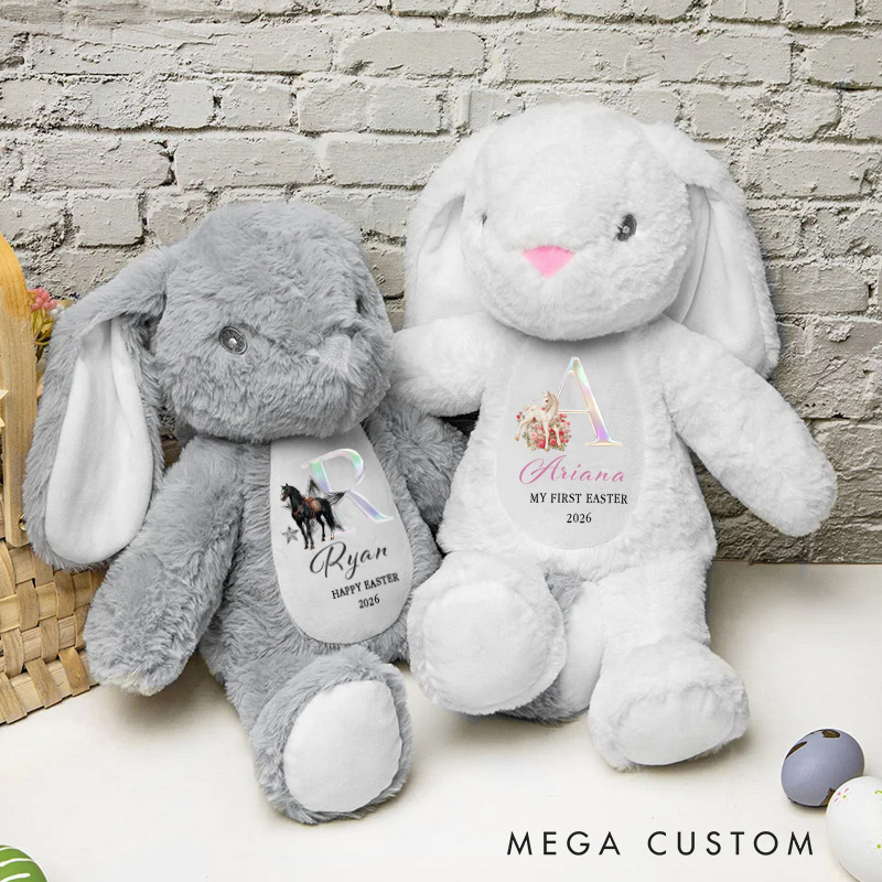 Personalized Cute Horse Flowers Rabbit Initial Soft Bunny Plush Stuffed Animal Toy with Name and Year First Easter Birthday Gift for Kids for Riding Lovers Equestrian Lovers