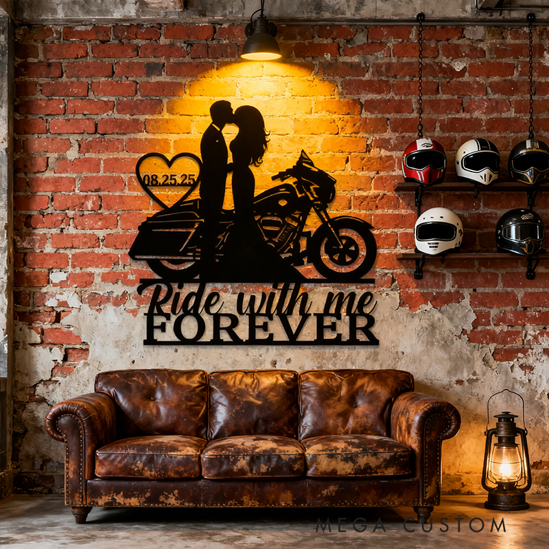 Personalized Motorcycle Couple Metal Wall Art Ride With Me Forever Sign Custom Date Gift for Biker Lovers and Couples