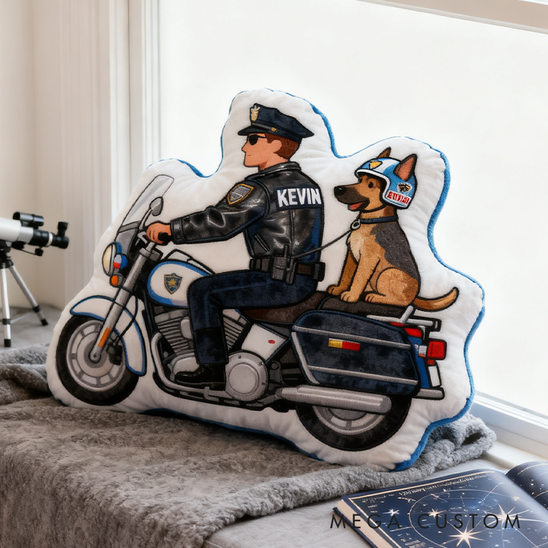Personalized Police Motorcycle Officer and Dog Plush Pillow Custom Name Graphic 3D Print Pillow 