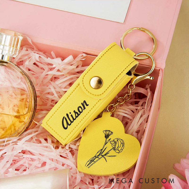 Personalized Line Flower Name Leather Lipstick Case Keychain with Heart-shaped Mirror Makeup Essentials Birthday Wedding Travel Gift for Women