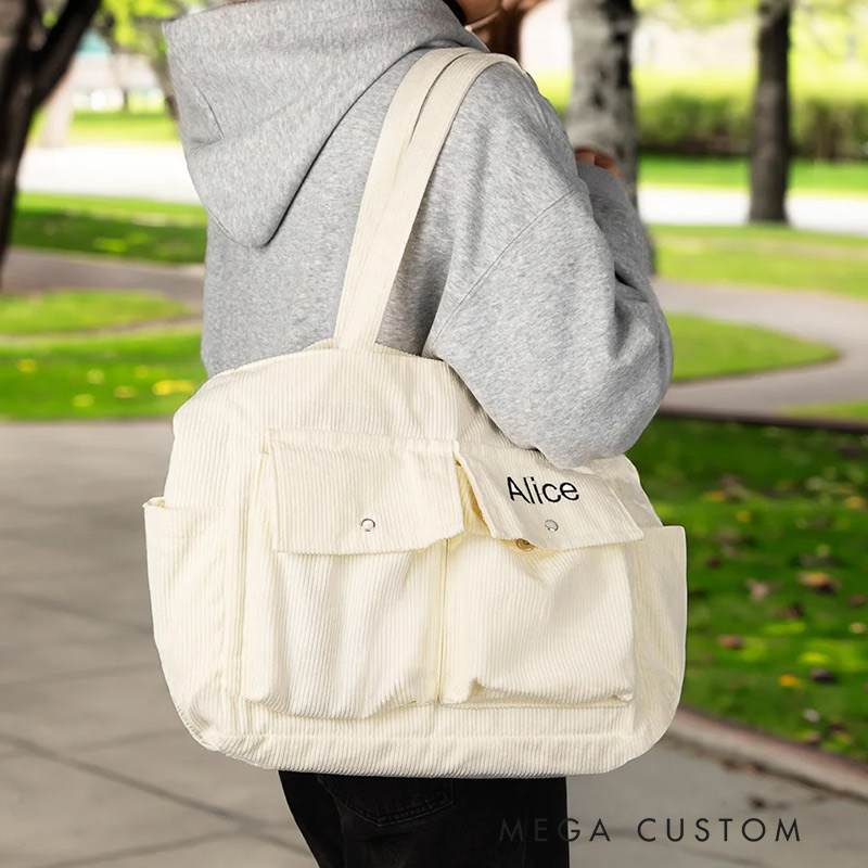 Personalized Leisure Corduroy Zipper Crossbody Tote Bag with Embroidered Name and Multiple Pockets Travel Accessories Birthday Gift for Family Friends