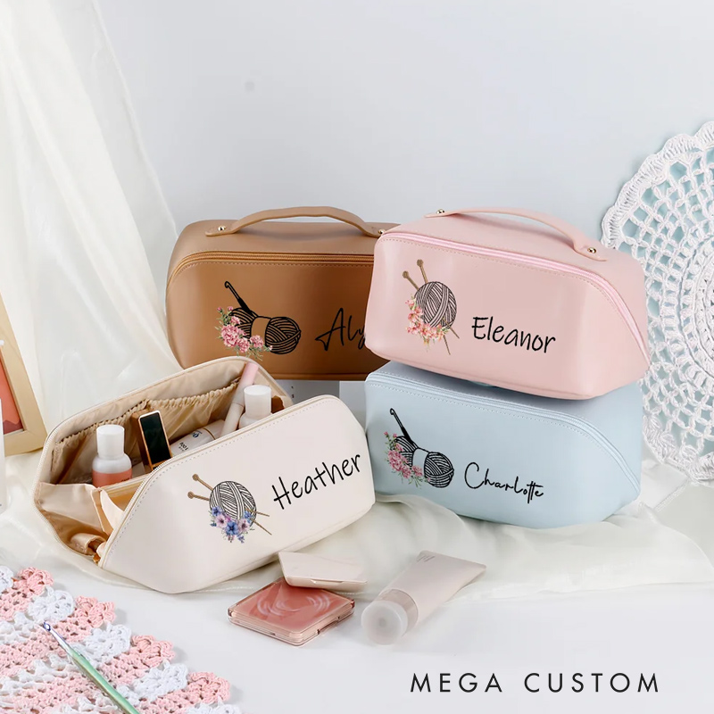 Personalized Birth Flower Crochet Wide Opening Leather Makeup Bag with Name Travel Accessories Birthday Wedding Gift for Bridesmaids Women