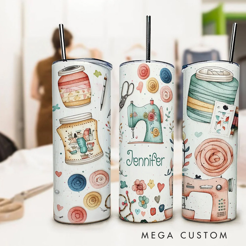 Personalized Sewing Theme Food Grade 20oz Skinny Tumbler with Lid and Straw Cleaning Brush Birthday Mother's Day Gift for Mother Sewing Lover