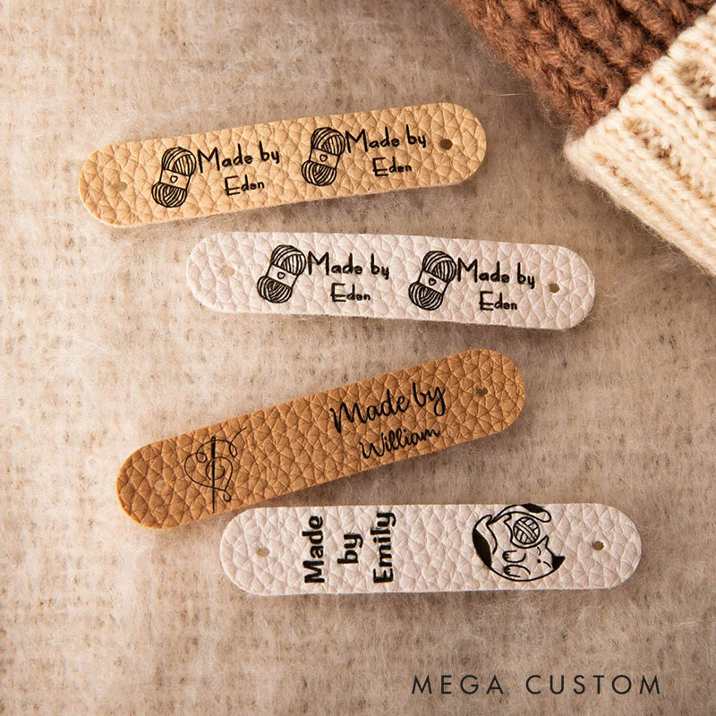 Personalized Set of 10 Made By Leather Crochet Knitted Tags Labels with Engraved Name Rivets Knitwear Accessories Gift for DIY Knitter Sewing Lovers