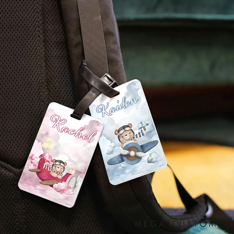 Personalized Cute Little Bear Pilot Watercolor Luggage Tag with Name Travel Accessories Birthday Holiday Gift for Boys Girls