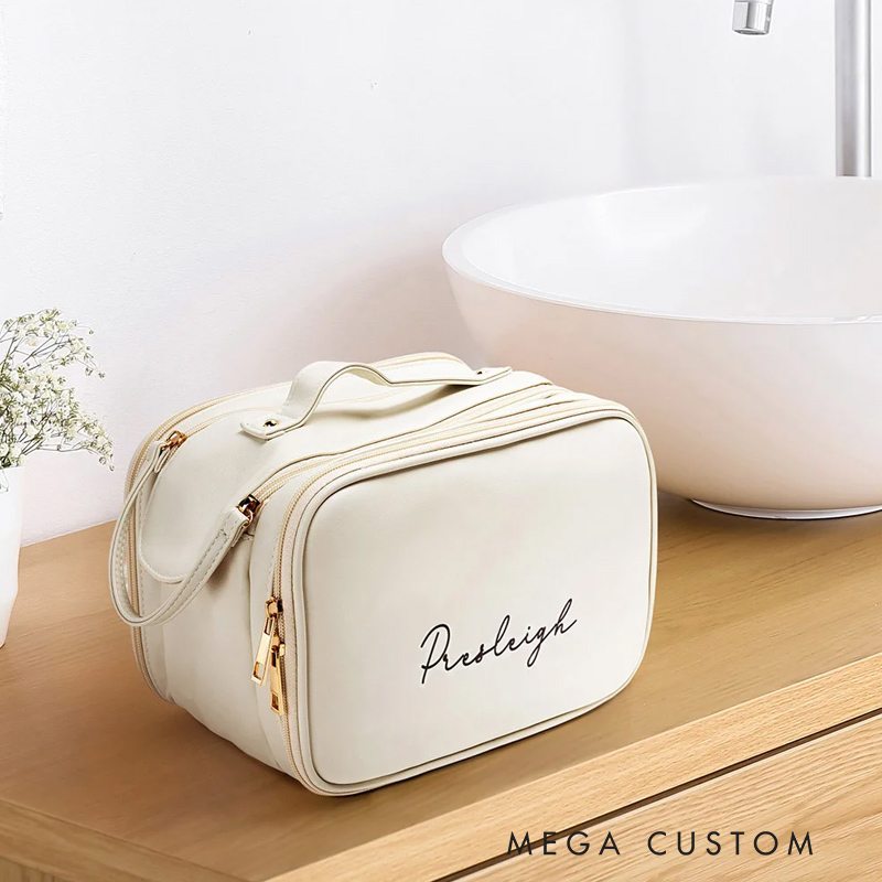 Personalized Simple Name Design Large Multi-compartment Leather Makeup Bag with Makeup Brush Holder Travel Essentials Birthday Gift for Women