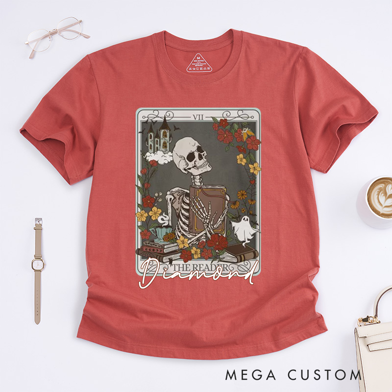 Personalized the Reader Tarot Card Crewneck Classic T-Shirts Skeleton Shirt Book Lover Shirt Bookish Shirt Librarian Shirt Reading Shirt