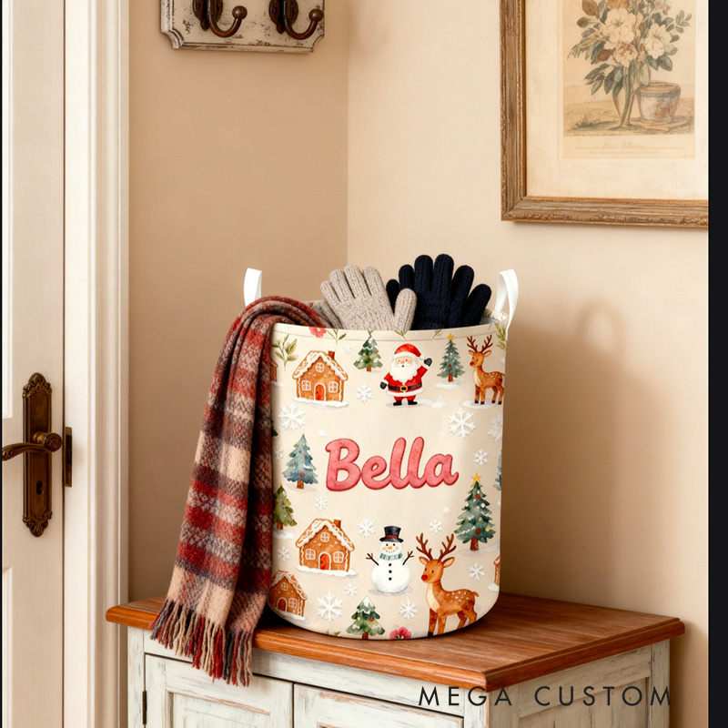 Personalized Christmas Laundry Basket Custom Name Hamper Foldable Storage Bin Durable Organizer For Holiday Decor Kids Playrooms Or Living Rooms