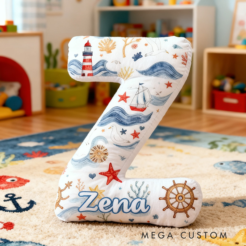 Personalized Letter Shaped Pillow Lighthouse Sailboat Design Perfect Gift for Children Bedrooms Playrooms Or Coastal Home Decor New Beginning Gift