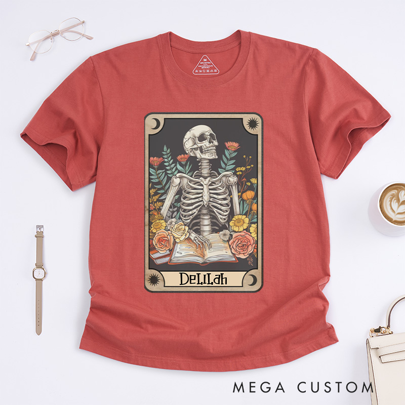 Personalized The Reader Tarot Card Classic T-Shirts Skeleton Reading Shirt Unisex Tarot Card Shirt Book Lover Gift Bookish Gift