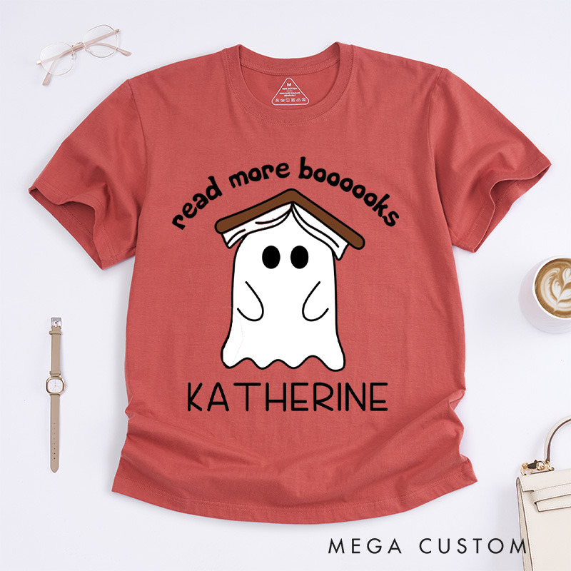 Personalized Ghost Book Classic T-Shirts Fall Spooky Season Tshirt Book Lover Shirt Cute Reading Ghost Shirt Halloween Gift Librarian Gift