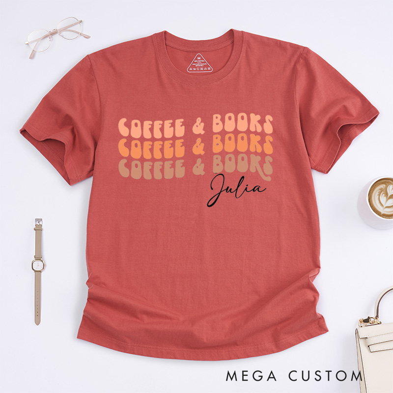 Personalized Coffee and Book Classic T-Shirts Reading Shirt Bookworm Coffee Lovers Customized Name Shirt Gift for Books Lover