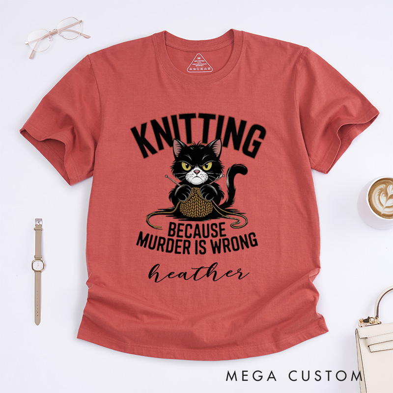Personalized Funny Cat Knitting Classic T-Shirts Humorous Knitter Enthusiast Tee Knit T-Shirt Custom Gift 