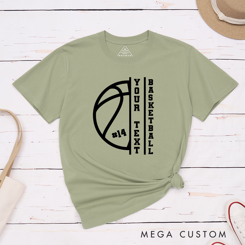 Personalized Basketball T-Shirt Design Featuring Custom Text Player Number and Bold Vertical Layout with Basketball Graphic