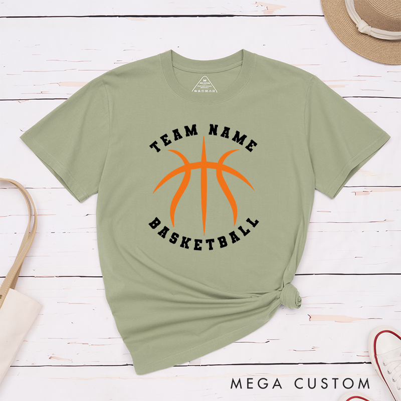 Personalized Basketball Team T-Shirt Design Featuring Custom Team Name Bold Orange Basketball Graphic and Arched Text Layout