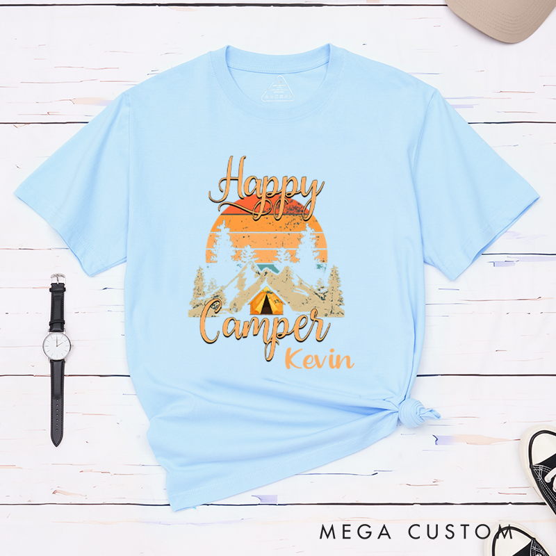 Personalized Happy Camper Hiking Travel T-Shirt Camping Life Nature Lover shirt Gift for Outdoors Adventure