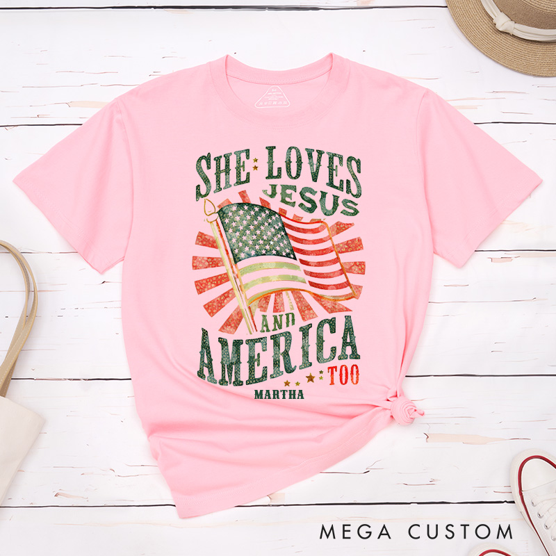 Personalized She Loves Jesus and America Too Cotton T-Shirt with Name Christian Classic T-Shirt Jesus Aesthetic Shirt Patriotic Tee Christian Gift