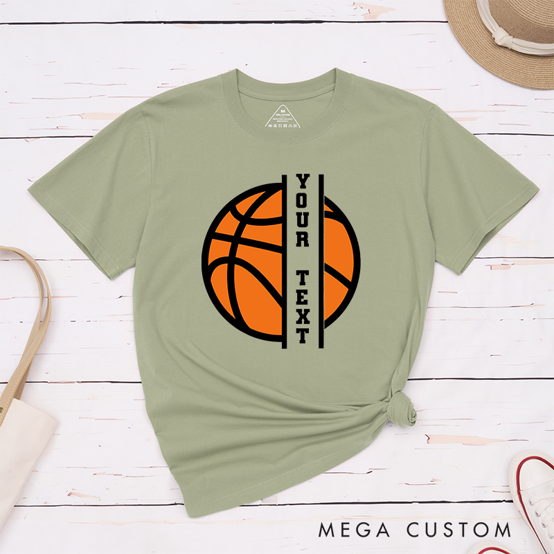 Personalized Basketball T-Shirt Design Featuring Custom Vertical Text Centered Over a Bold Orange Basketball Graphic