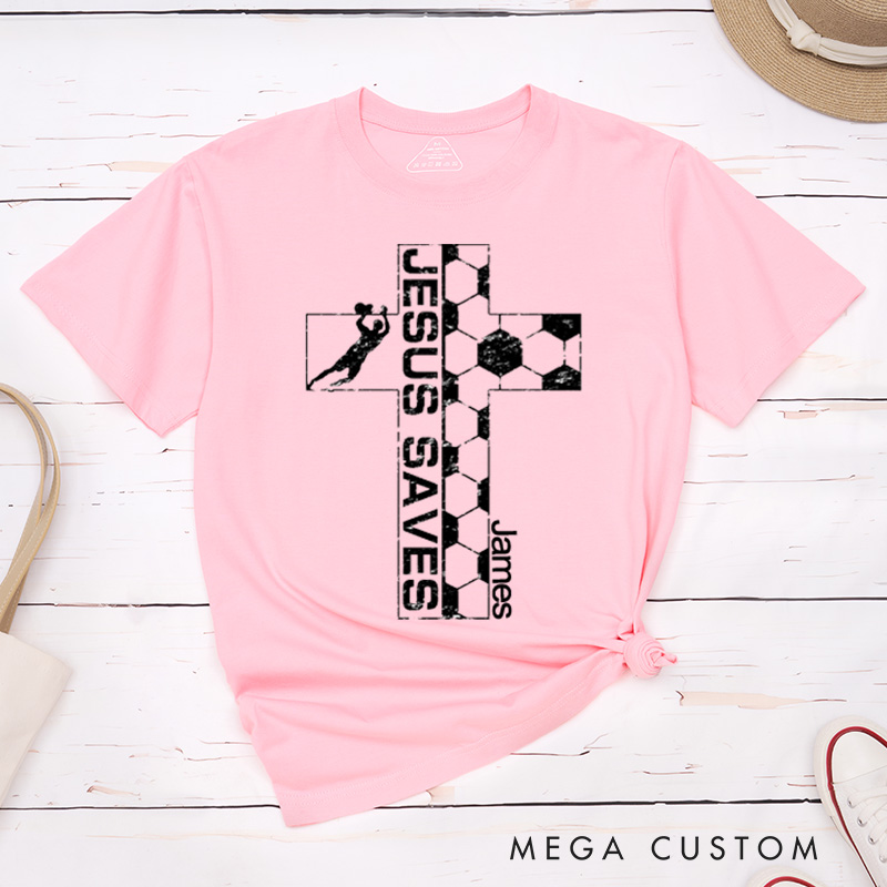 Personalized Jesus Saves Christian Cross Soccer Goalie Goalkeeper Classic T-Shirt Vintage Distressed Style Easter Birthday Gift for Men