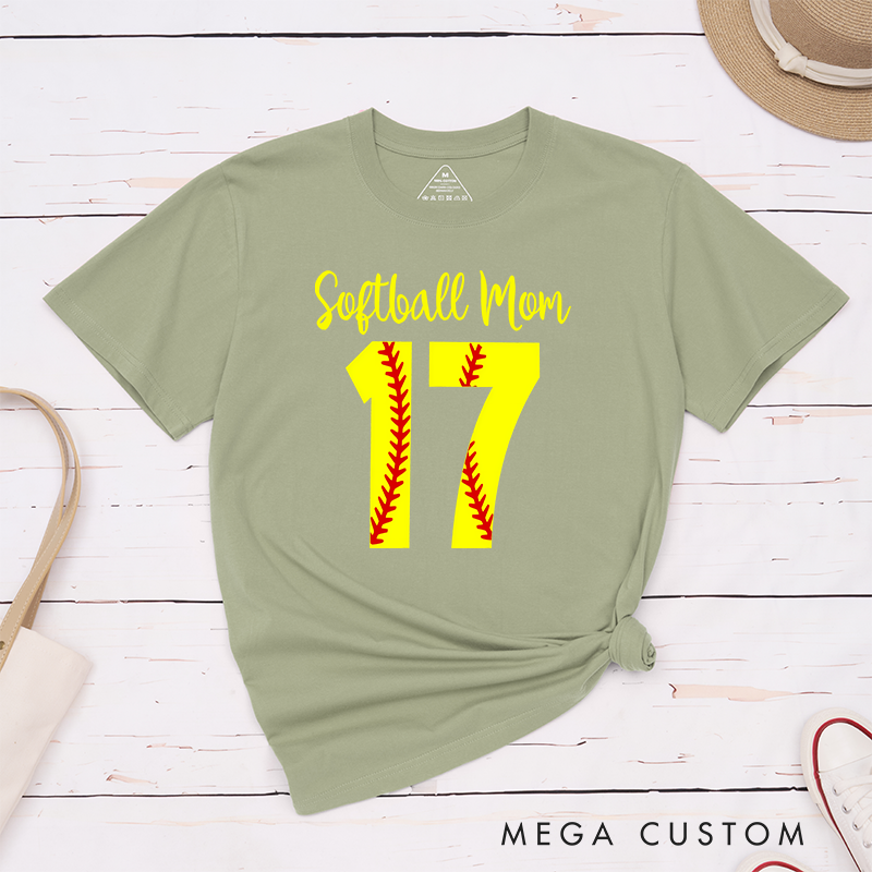 Personalized Softball Mom T-Shirt Design Featuring Customizable Player Number with Red Stitch Softball Pattern and Stylish Yellow Script Text