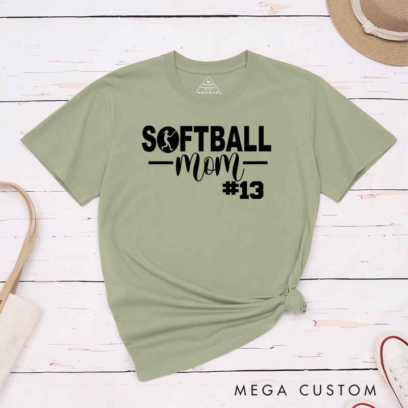 Personalized Softball Mom T-Shirt Design Featuring Bold Text Player Number and a Stylish Softball Silhouette Graphic
