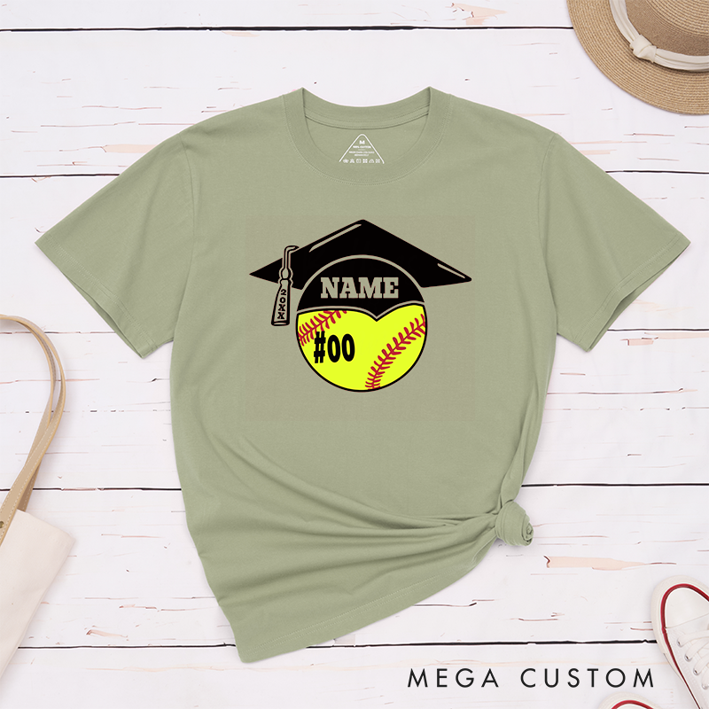 Personalized Graduation Softball T-Shirt Design Featuring Custom Name Player Number Graduation Cap and Bat Graphic