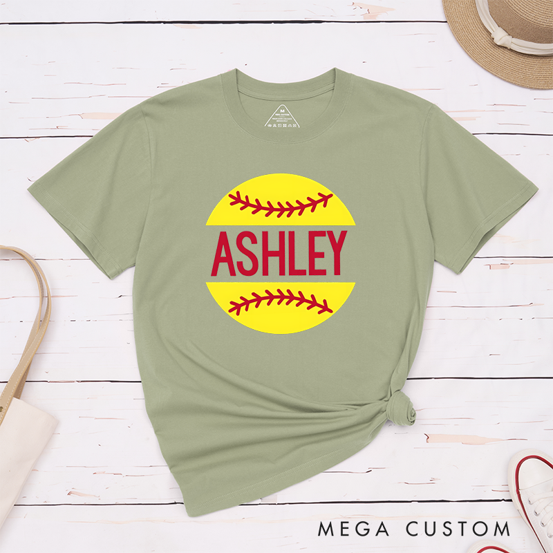 Personalized Softball T-Shirt Design Featuring Custom Name Bold Text and Bright Softball Graphic