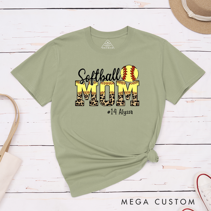 Personalized Softball Mom T-Shirt Design Featuring Leopard Print Bold Text Softball Graphic and Custom Player Name and Number