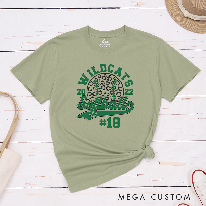 Personalized Customizable Softball Team T-Shirt Design Featuring Bold Arched Team Name Leopard Print Softball Graphic Stylized Script Text for Softball and Custom Player Number