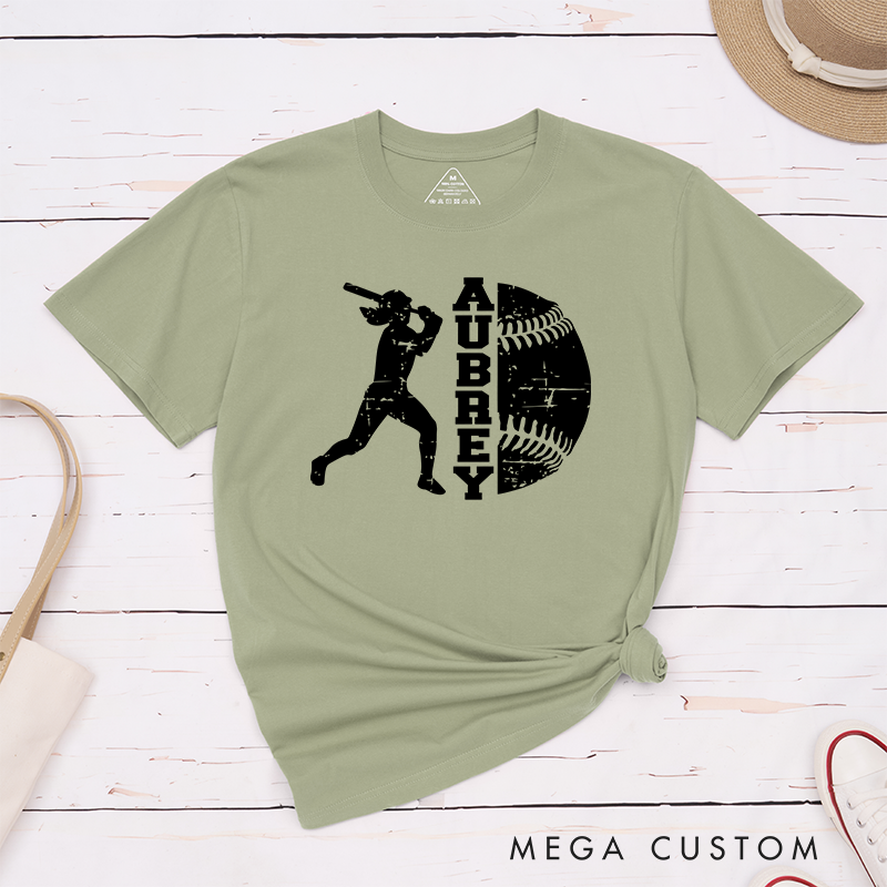 Personalized Softball Player T-Shirt Design Featuring Batter Silhouette Distressed Softball Graphic and Customizable Name Text