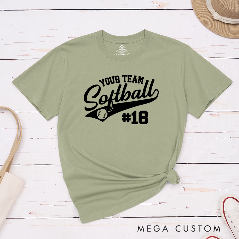 Personalized Softball Team T-Shirt Design Featuring Customizable Team Name Elegant Script Softball Text Dynamic Swoosh Element Baseball Graphic and Custom Player Number