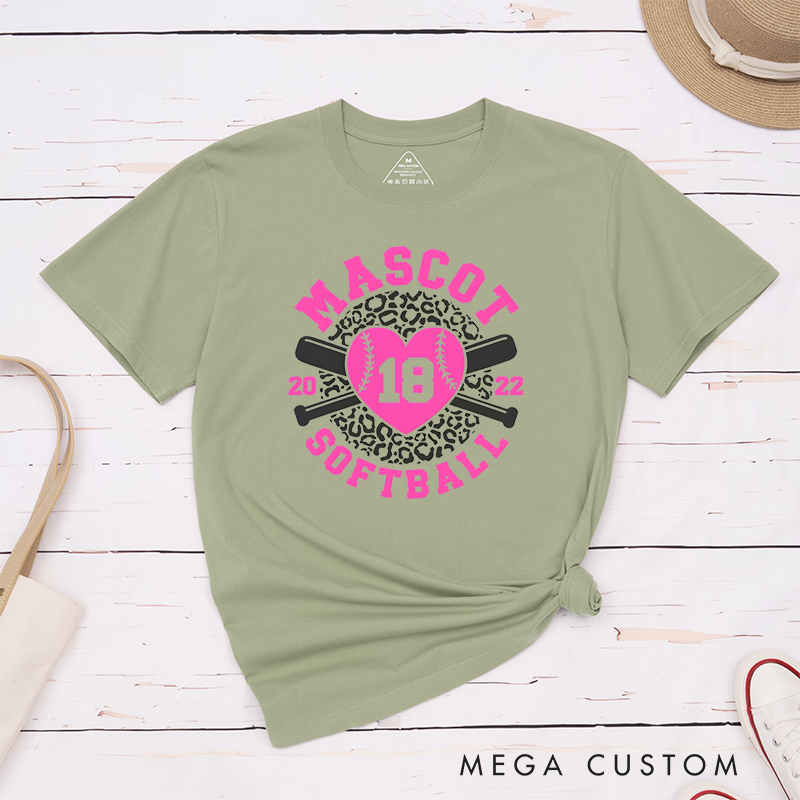 Personalized Softball Team T-Shirt Design Featuring Customizable Team Name Leopard Print Heart-Shaped Softball Graphic Crossed Bats and Player Number