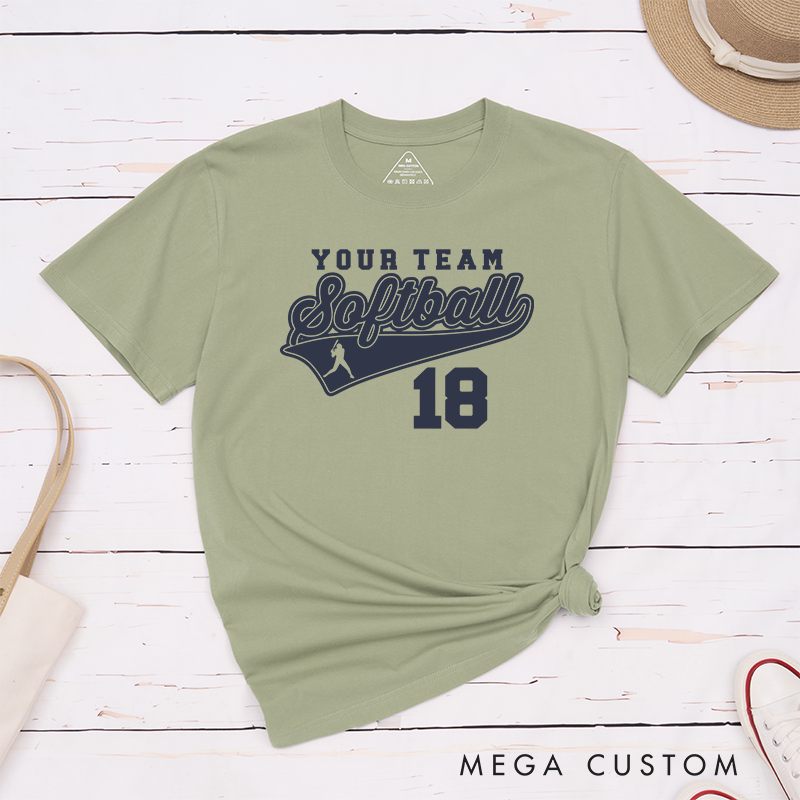 Personalized Softball Team T-Shirt Design Featuring Customizable Team Name Bold Script Softball Text Dynamic Swoosh Element Player Silhouette and Custom Number