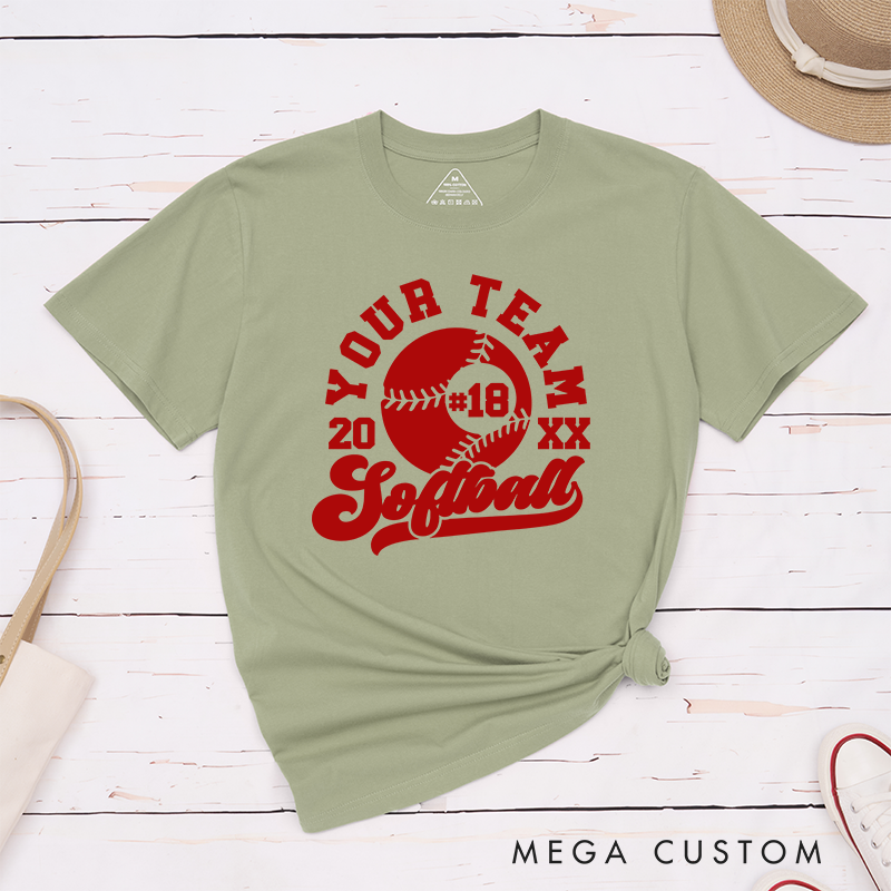Personalized Softball Team T-Shirt Design Featuring Customizable Team Name Bold Softball Graphic Player Number and Year