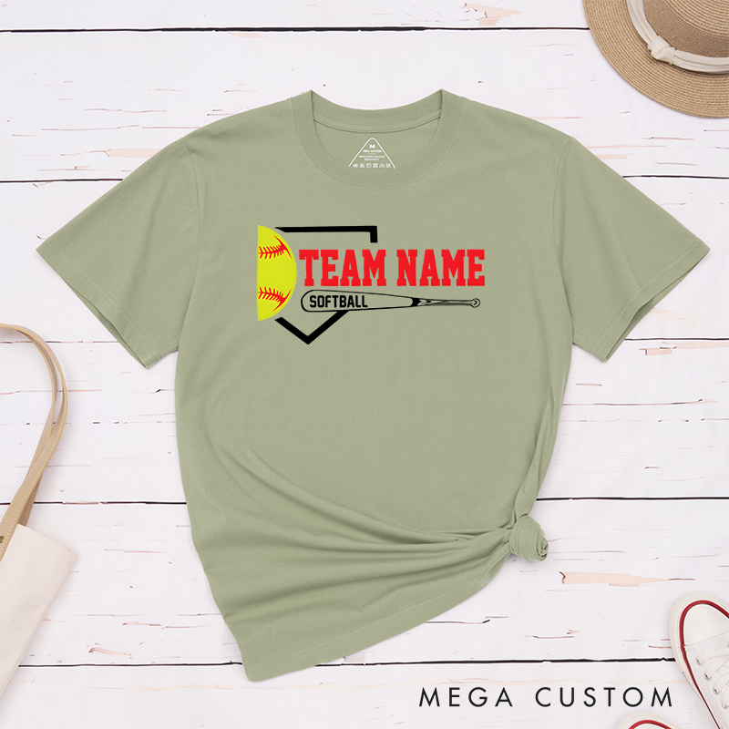 Personalized Softball Team T-Shirt Design Featuring Customizable Team Name Bold Home Plate Graphic Yellow Softball and Bat Element