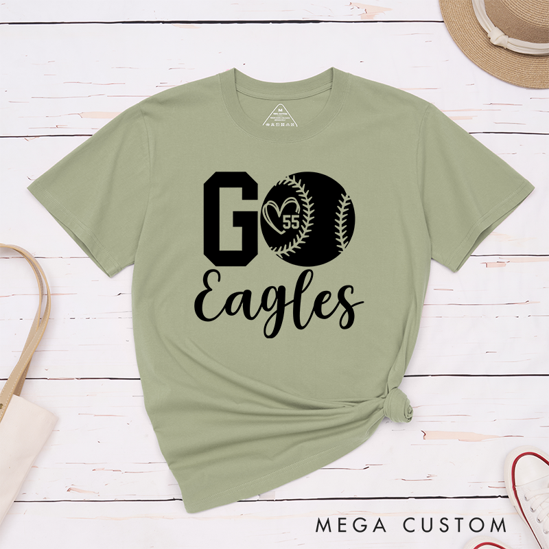 Personalized Softball Spirit T-Shirt Design Featuring Bold "Go" Text Team Name in Elegant Script Heart-Shaped Player Number Inside a Softball Graphic Perfect for Fans and Players