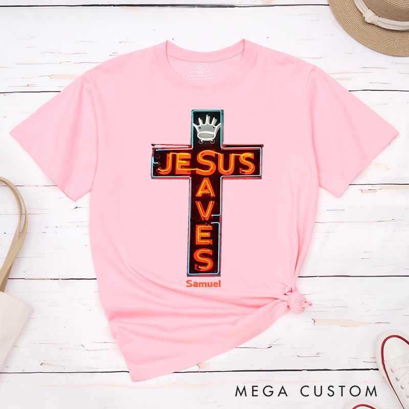 Personalized Jesus Saves Classic Cotton T-Shirt with Name Modern Neon Lights Style Cross Shirt Religious Gift for Christians